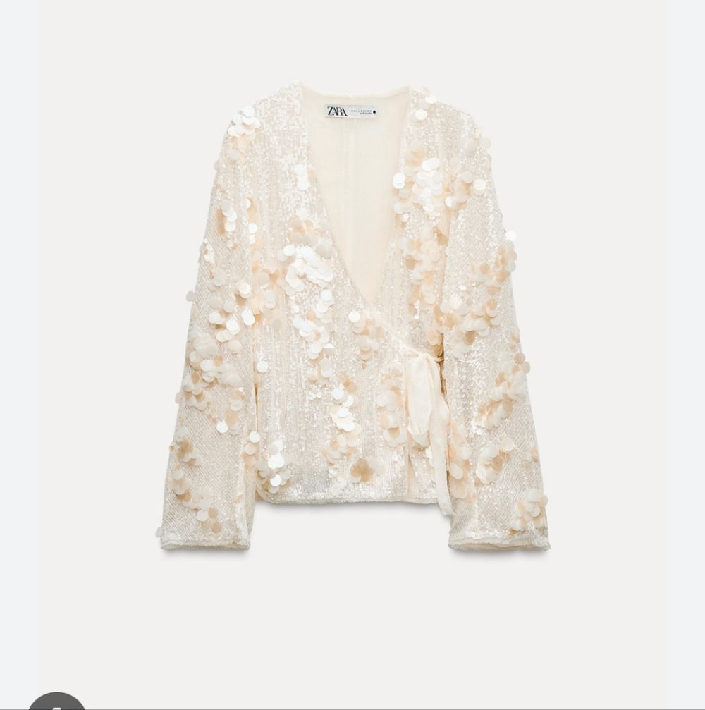 Zara Cream Sequin & Petal Wrap Top